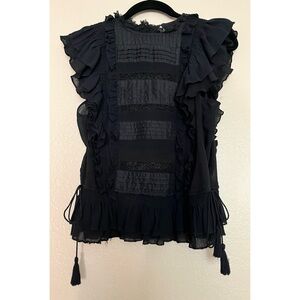 Ulla Johnson Corinna Black Ruffled Cap Sleeve Silk Blouse